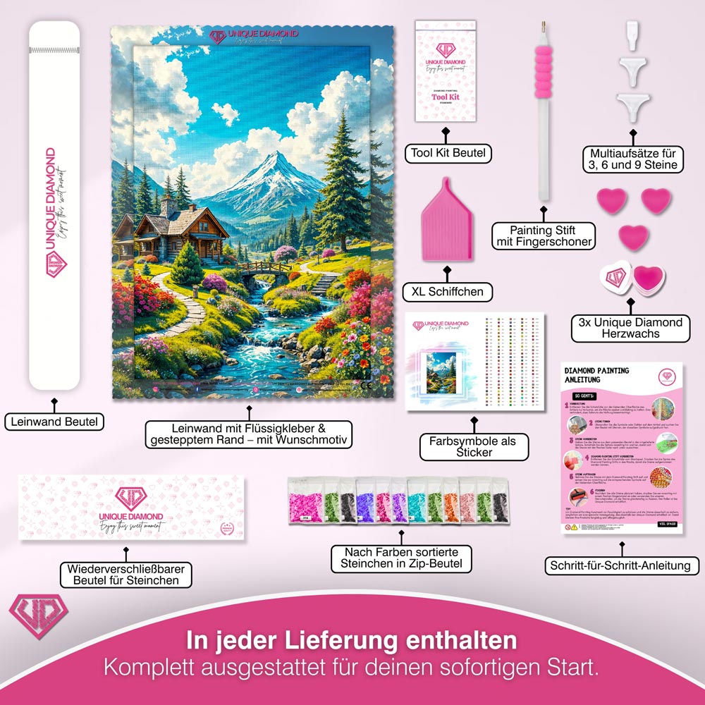 5D Diamond Painting – Berghütte am Bachlauf Unique-Diamond