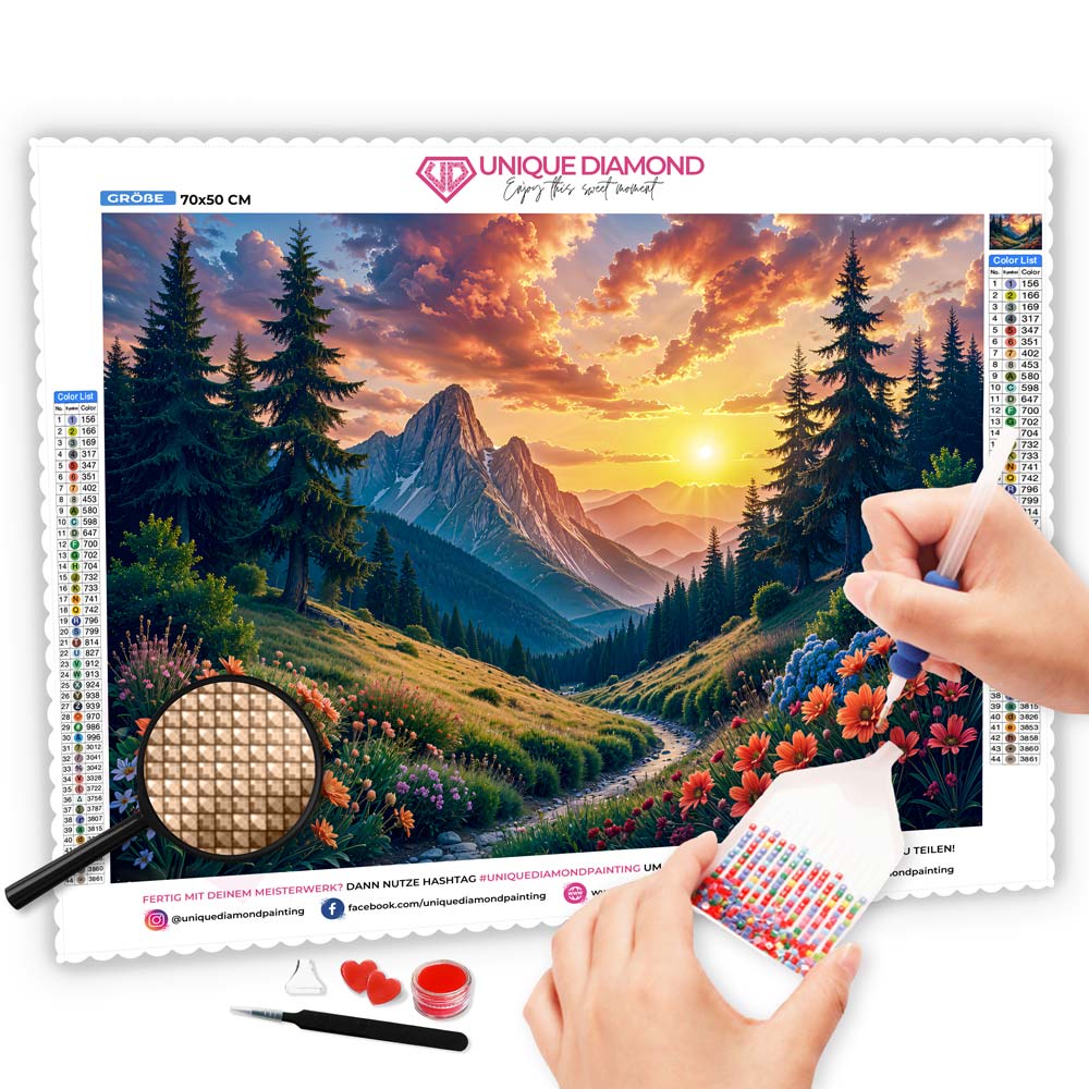 5D Diamond Painting mit AB-Effekt – Bergträume im Abendlicht mit 100 Farben, Unique-Diamond