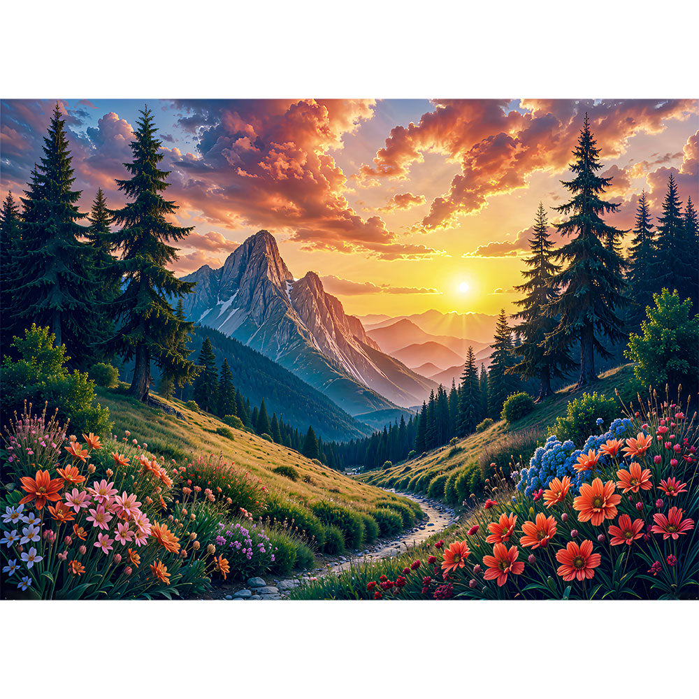 5D Diamond Painting mit AB-Effekt – Bergträume im Abendlicht mit 100 Farben, Unique-Diamond