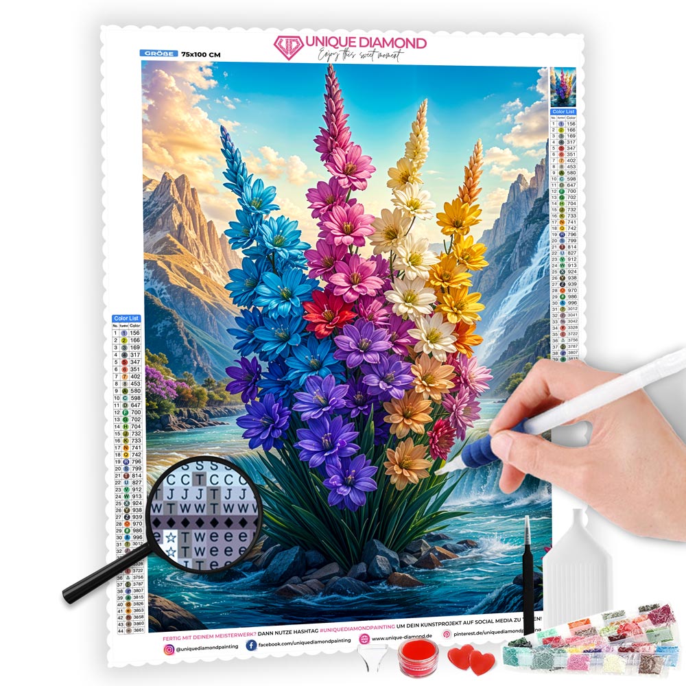 5D Diamond Painting mit AB Effekt – Blühende Blumen im Bergtal, Unique-Diamond