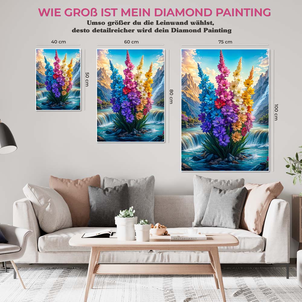 5D Diamond Painting mit AB Effekt – Blühende Blumen im Bergtal, Unique-Diamond