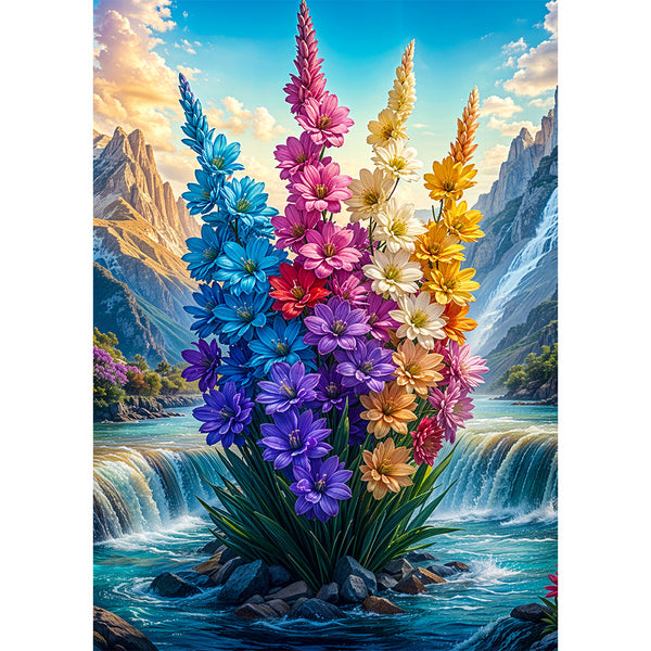 5D Diamond Painting mit AB Effekt – Blühende Blumen im Bergtal, Unique-Diamond