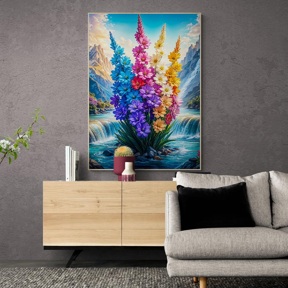 5D Diamond Painting mit AB Effekt – Blühende Blumen im Bergtal, Unique-Diamond