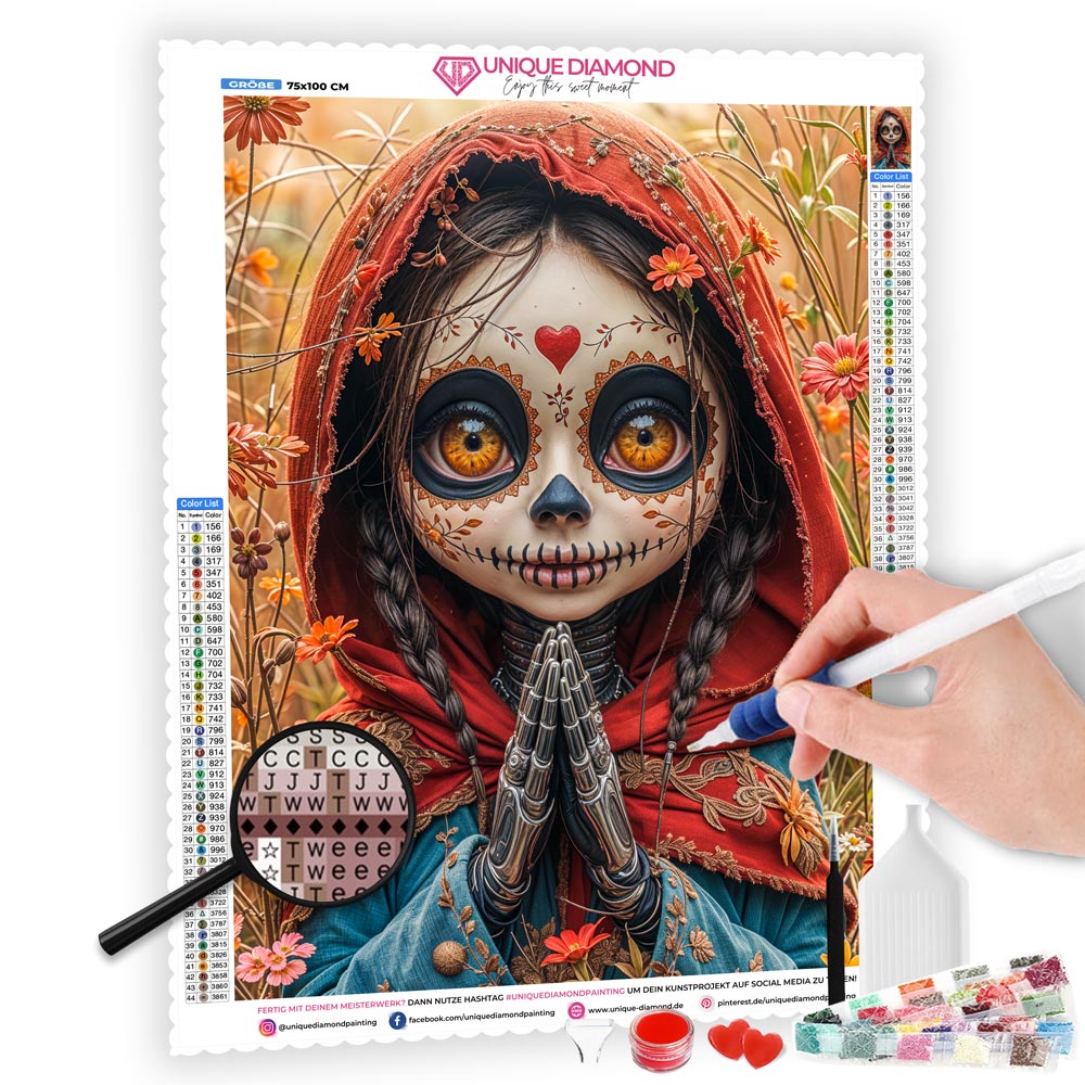 5D Diamond Painting mit AB Effekt – Blumenmädchen des Día de los Muertos, Unique-Diamond