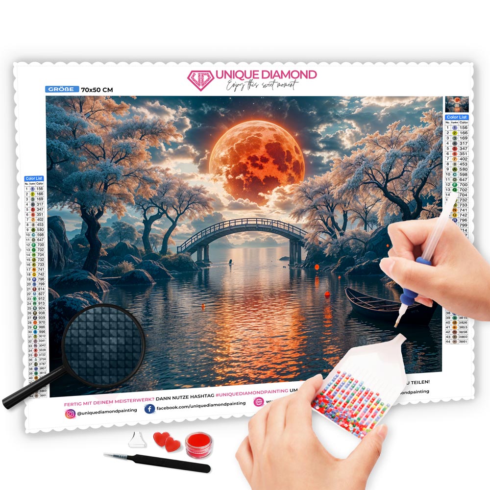 5D Diamond Painting mit AB Effekt – Brücke unter dem roten Mond, Unique-Diamond