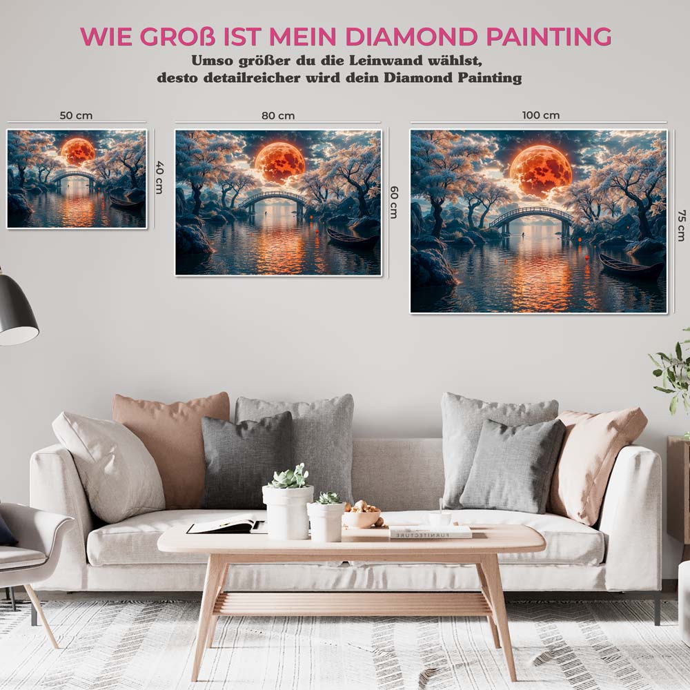 5D Diamond Painting mit AB Effekt – Brücke unter dem roten Mond, Unique-Diamond