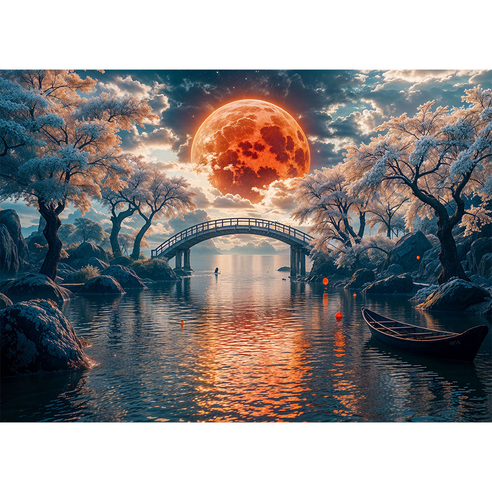 5D Diamond Painting mit AB Effekt – Brücke unter dem roten Mond, Unique-Diamond