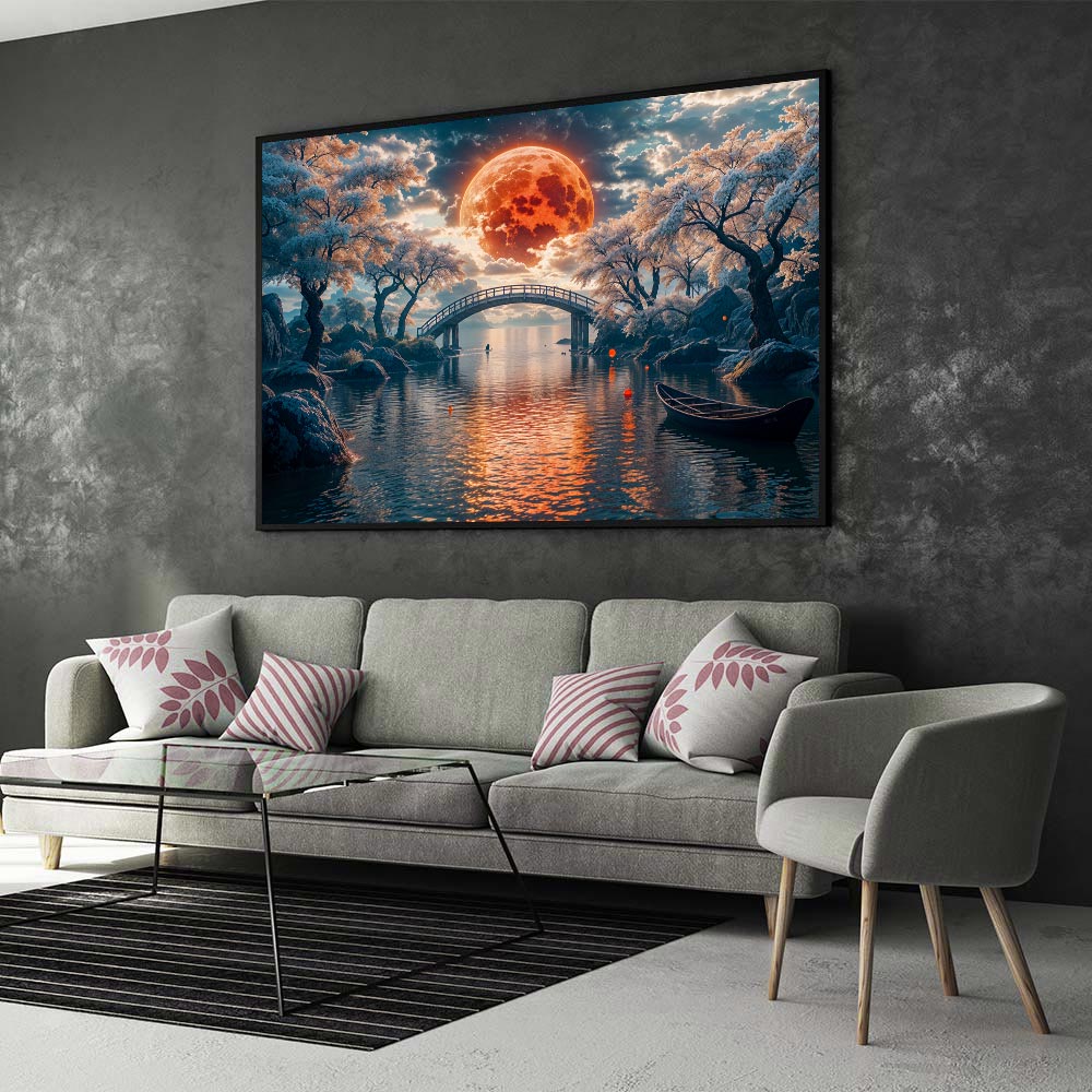 5D Diamond Painting mit AB Effekt – Brücke unter dem roten Mond, Unique-Diamond