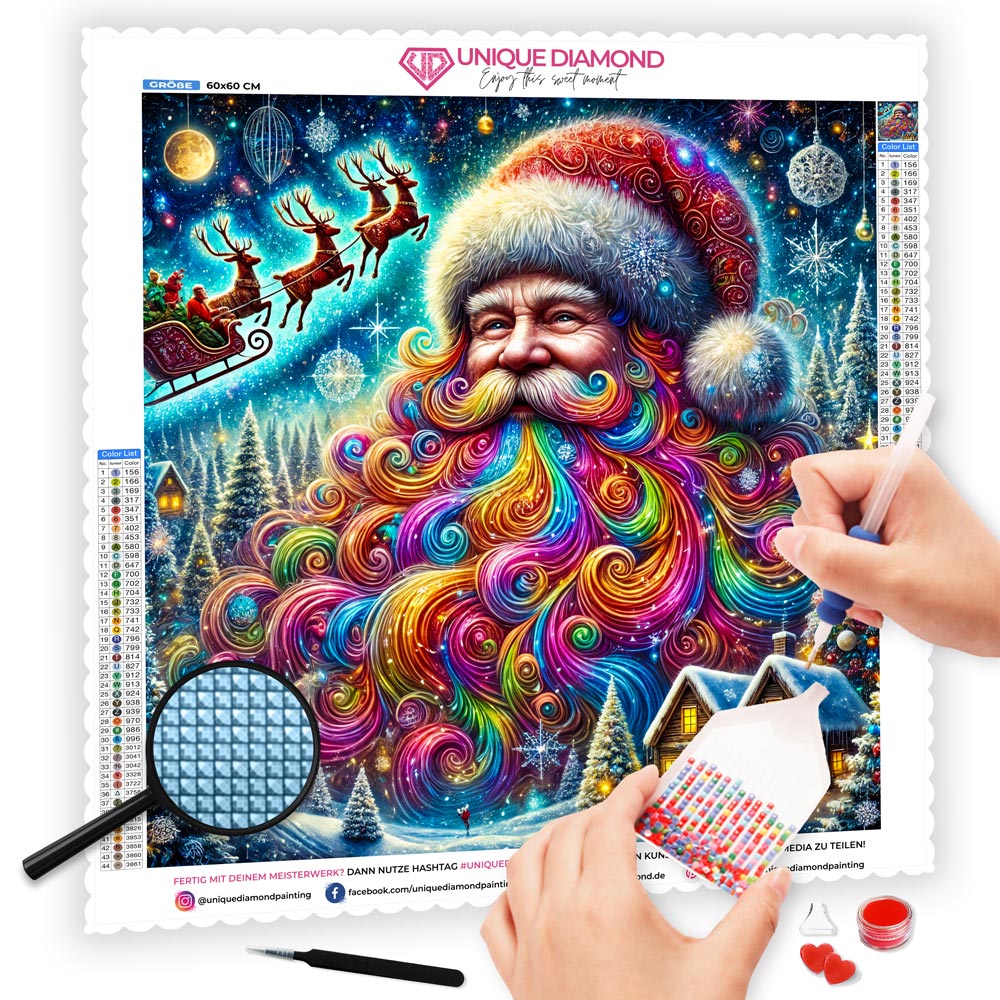 5D Diamond Painting mit AB Effekt – Bunter Weihnachtsmann im Winterwunderland mit 100 Farben, Unique-Diamond