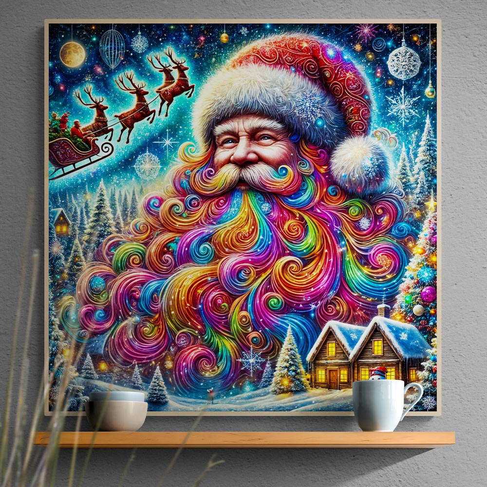 5D Diamond Painting mit AB Effekt – Bunter Weihnachtsmann im Winterwunderland mit 100 Farben, Unique-Diamond