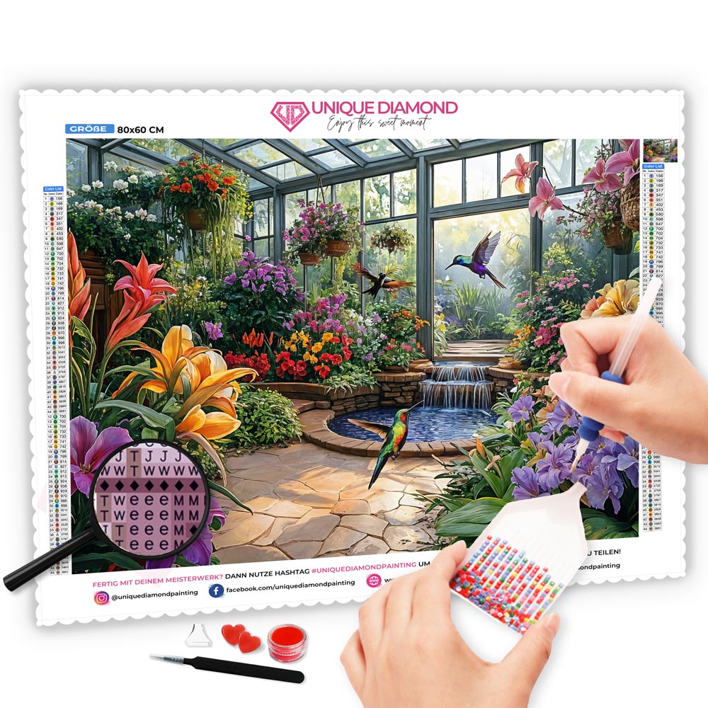 5D Diamond Painting mit AB-Effekt – Das Paradies des Kolibris mit 100 Farben, Unique-Diamond