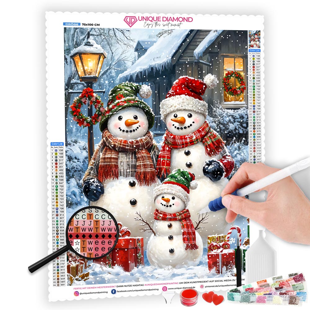 5D Diamond Painting mit AB-Effekt – Die fröhliche Schneemann-Familie, Unique-Diamond