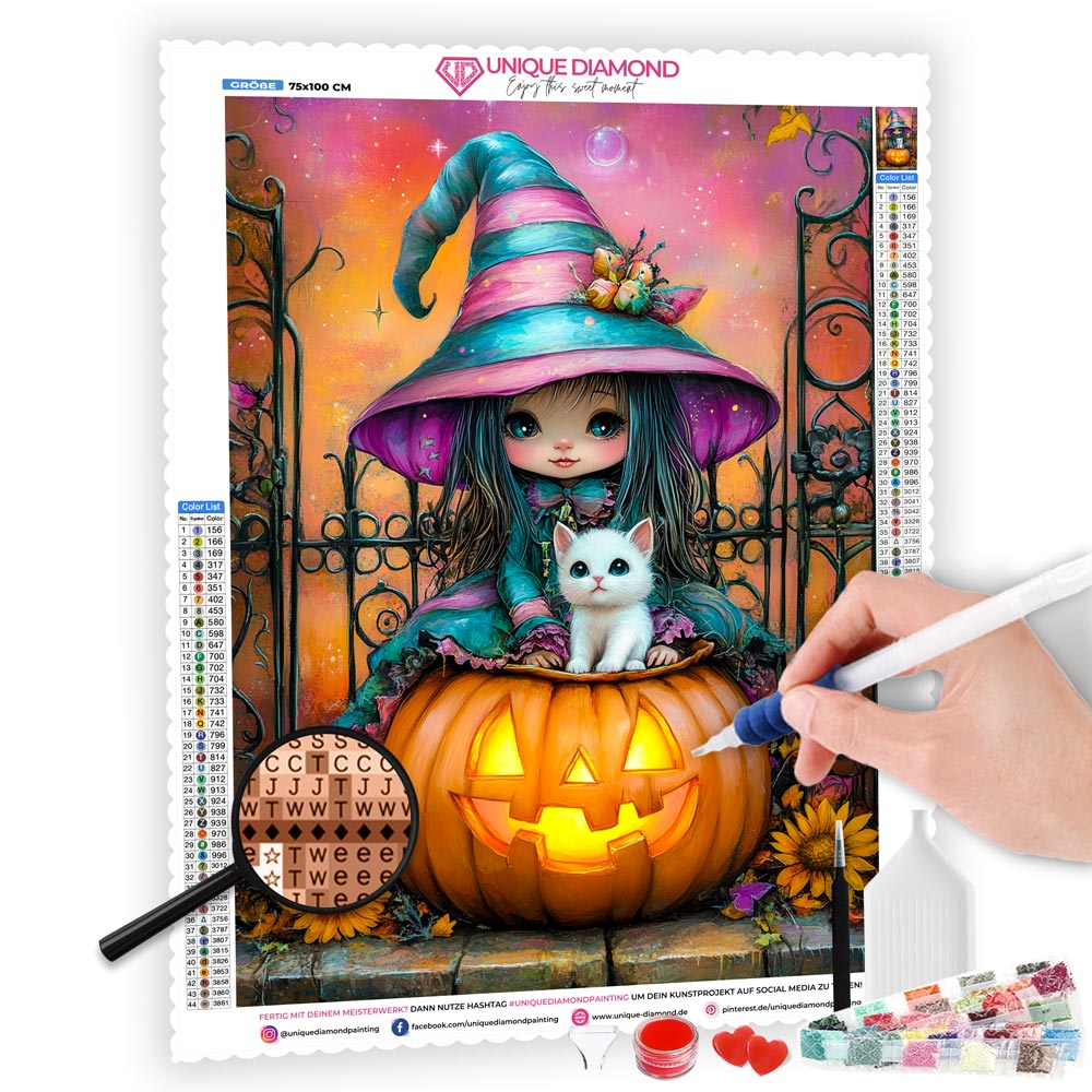 5D Diamond Painting mit AB-Effekt – Die kleine Halloween-Hexe, Unique-Diamond