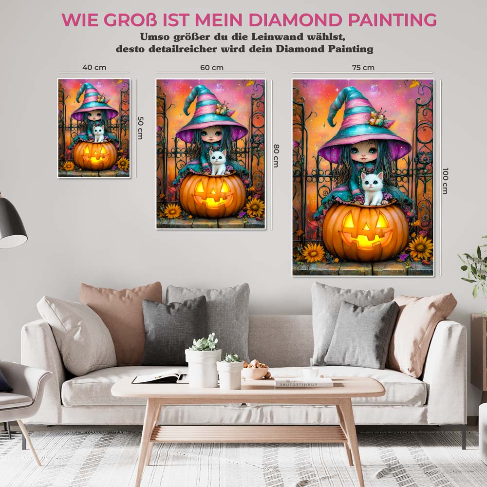 5D Diamond Painting mit AB-Effekt – Die kleine Halloween-Hexe, Unique-Diamond