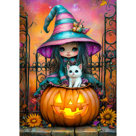 5D Diamond Painting mit AB-Effekt – Die kleine Halloween-Hexe, Unique-Diamond