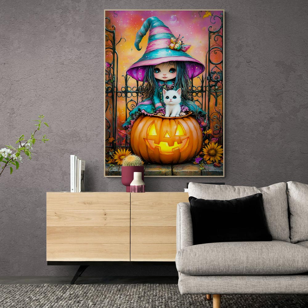 5D Diamond Painting mit AB-Effekt – Die kleine Halloween-Hexe, Unique-Diamond