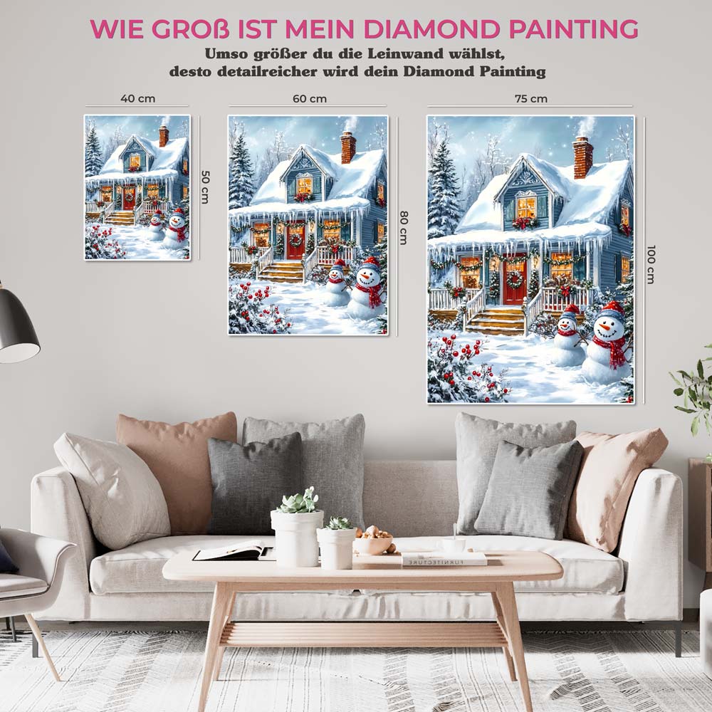 5D Diamond Painting mit AB-Effekt – Die verschneite Winterhütte, Unique-Diamond