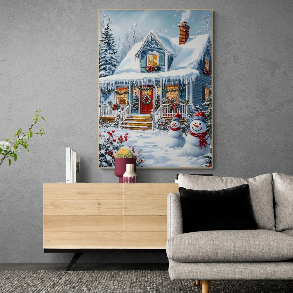 5D Diamond Painting mit AB-Effekt – Die verschneite Winterhütte, Unique-Diamond