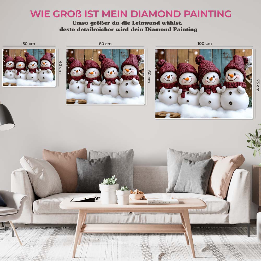 5D Diamond Painting mit AB-Effekt – Die vier fröhlichen Schneemänner, Unique-Diamond