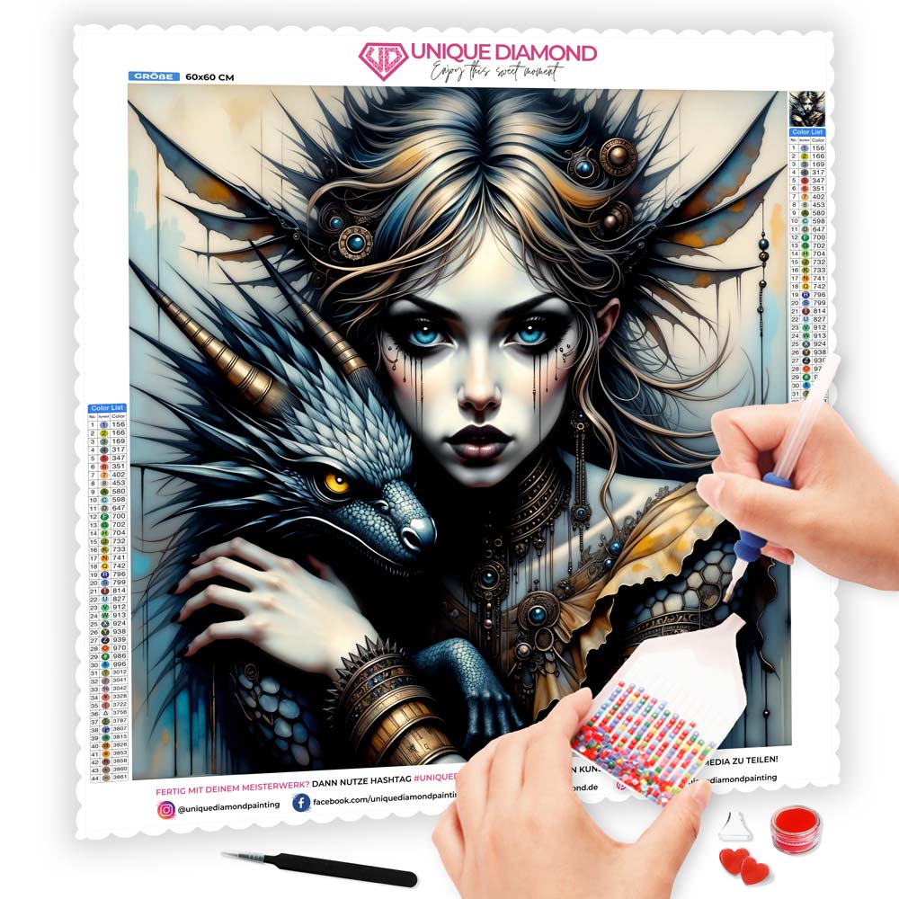 5D Diamond Painting mit AB-Effekt – Drachenkriegerin, Unique-Diamond