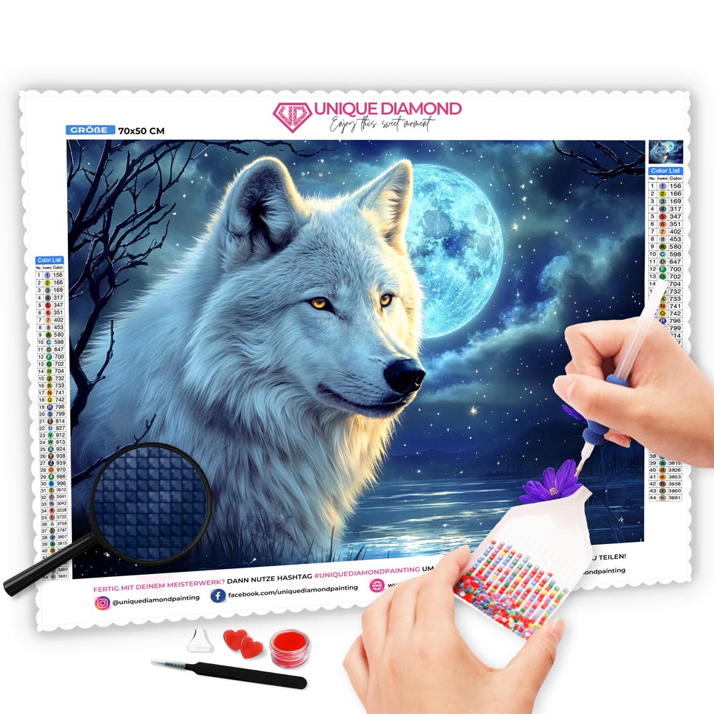 5D Diamond Painting mit AB Effekt – Einsamer Wolf im Mondlicht, Unique-Diamond