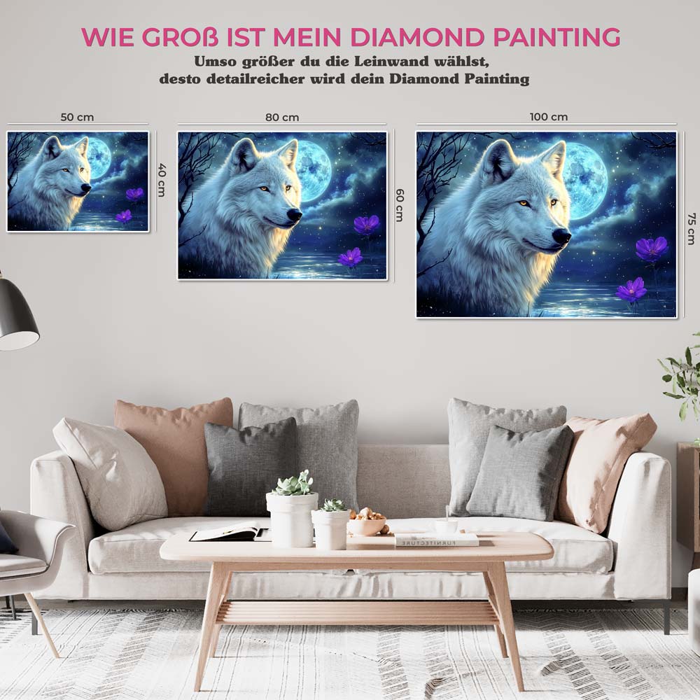 5D Diamond Painting mit AB Effekt – Einsamer Wolf im Mondlicht, Unique-Diamond