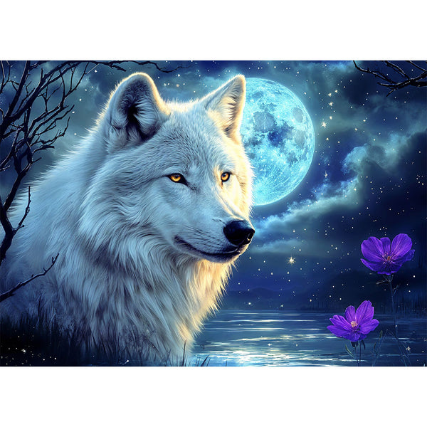 5D Diamond Painting mit AB Effekt – Einsamer Wolf im Mondlicht, Unique-Diamond