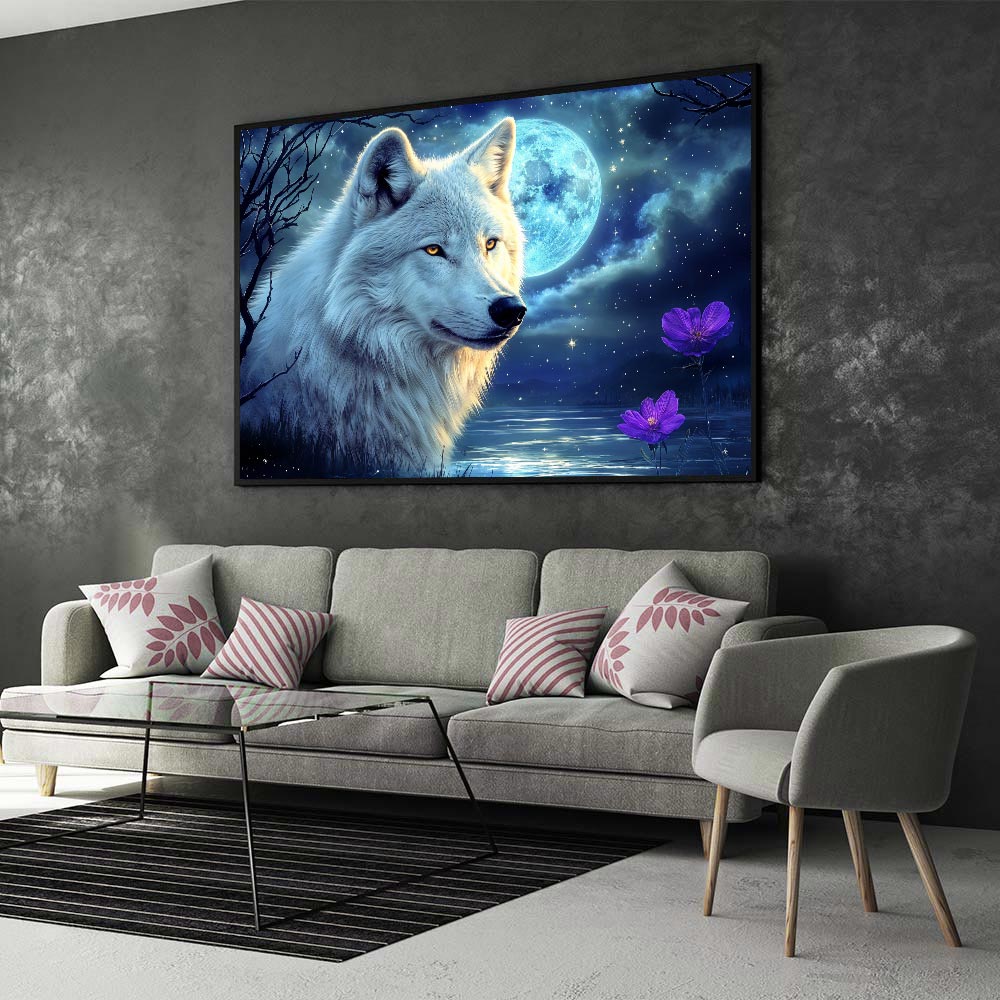 5D Diamond Painting mit AB Effekt – Einsamer Wolf im Mondlicht, Unique-Diamond