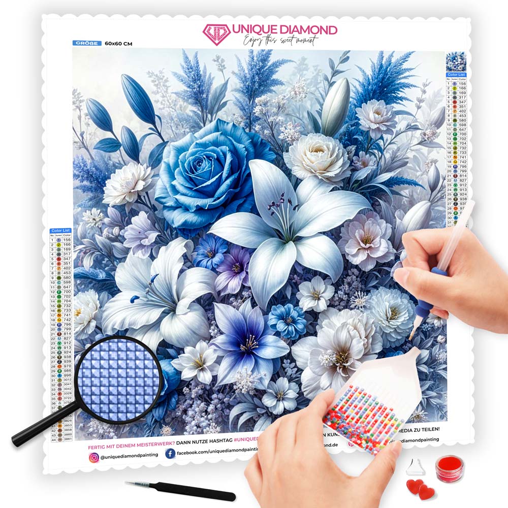 5D Diamond Painting mit AB-Effekt – Eiskristall-Blüten mit 100 Farben, Unique-Diamond