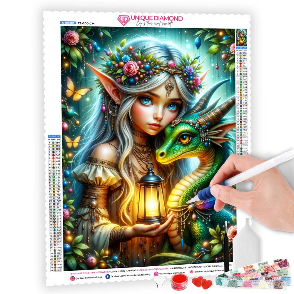 5D Diamond Painting mit AB-Effekt – Elfenlicht und Drachenzauber mit 100 Farben, Unique-Diamond