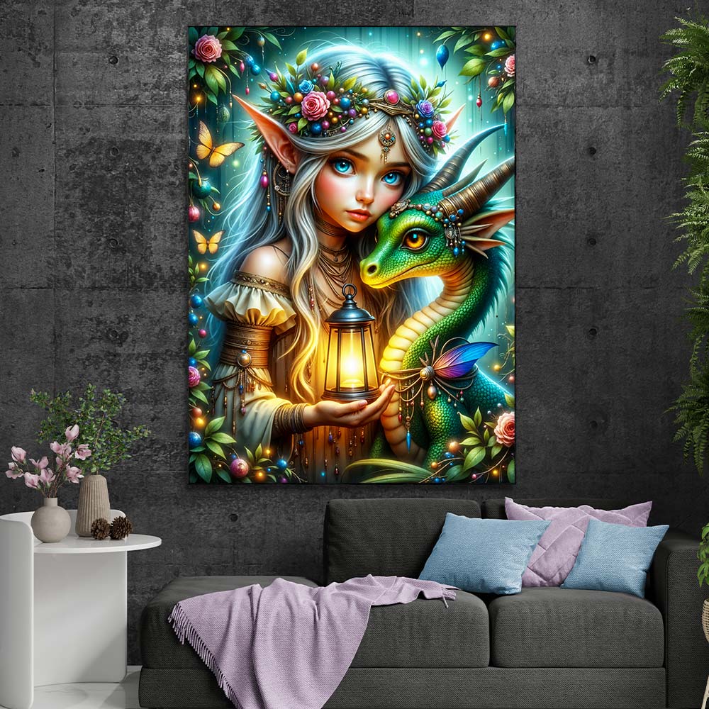 5D Diamond Painting mit AB-Effekt – Elfenlicht und Drachenzauber mit 100 Farben, Unique-Diamond