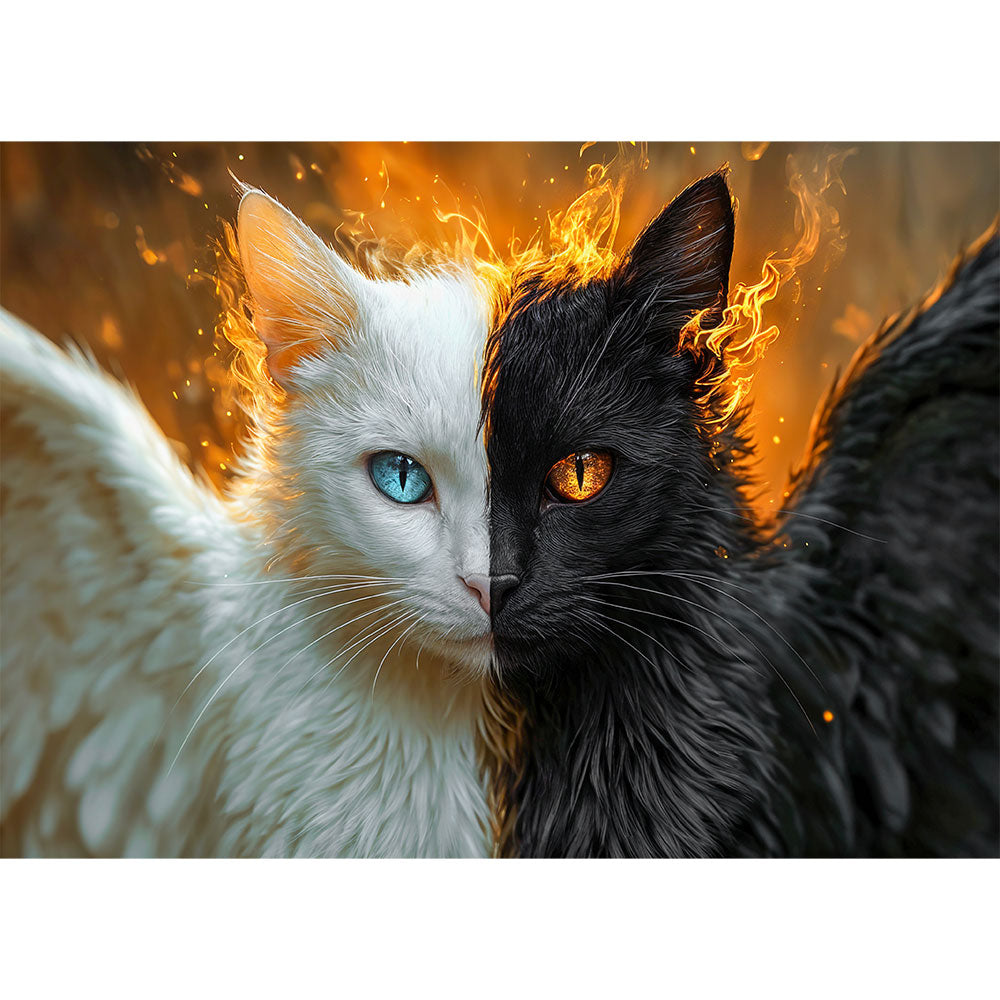 5D Diamond Painting mit AB Effekt – Engel und Dämon: Die zwei Seiten der Katze, Unique-Diamond