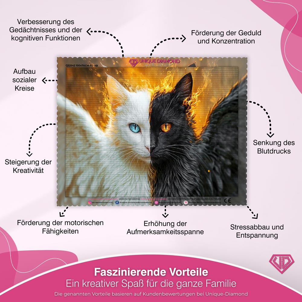 5D Diamond Painting – Engel und Dämon: Die zwei Seiten der Katze Unique-Diamond