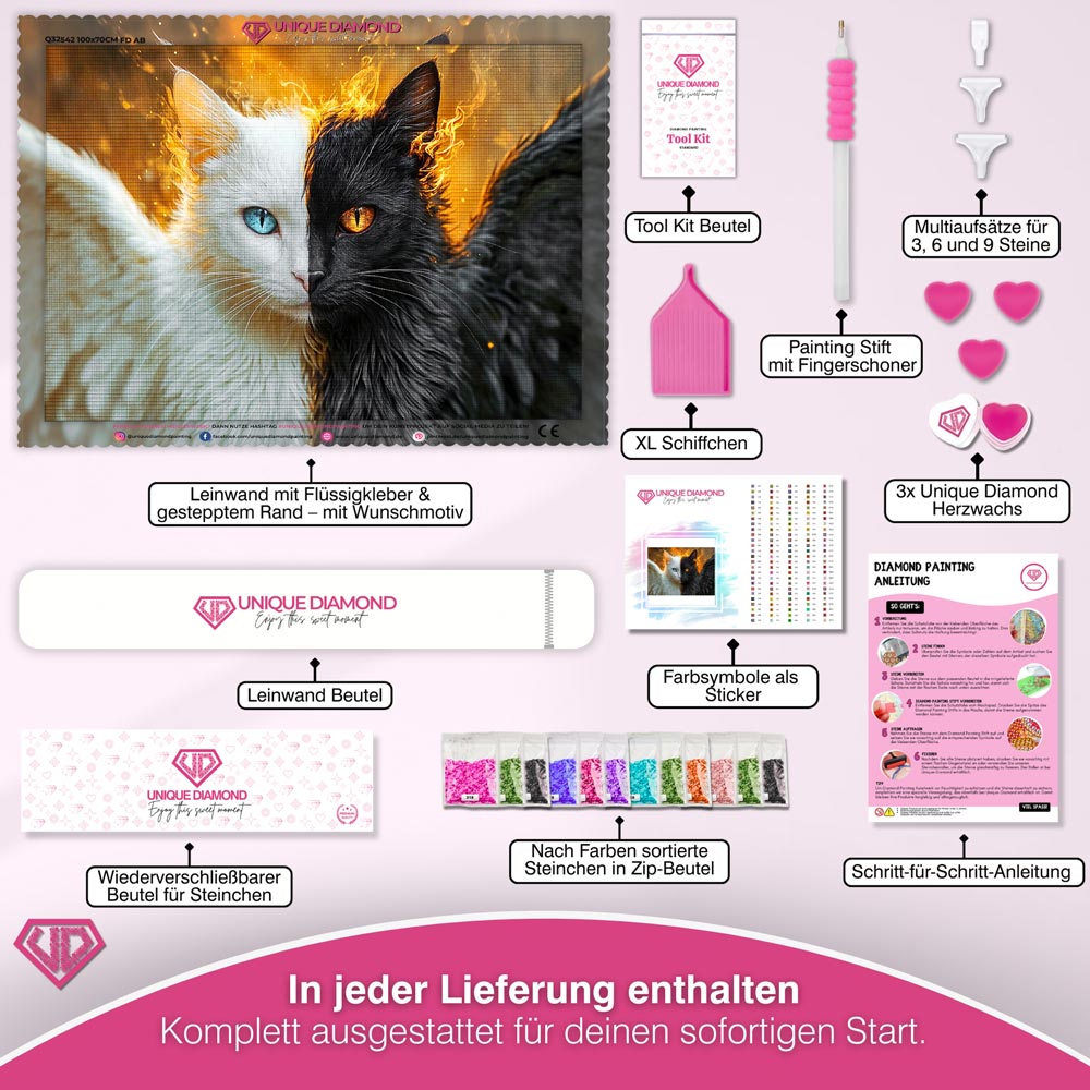5D Diamond Painting – Engel und Dämon: Die zwei Seiten der Katze Unique-Diamond