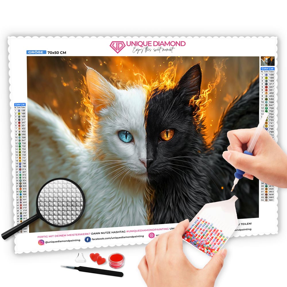 5D Diamond Painting mit AB Effekt – Engel und Dämon: Die zwei Seiten der Katze, Unique-Diamond