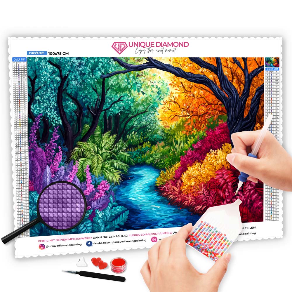 5D Diamond Painting mit AB-Effekt – Fantastischer Wald der vier Jahreszeiten mit 100 Farben, Unique-Diamond