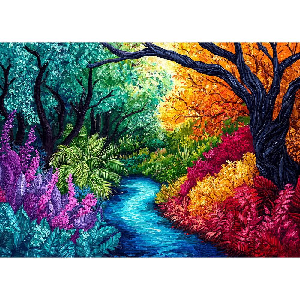 5D Diamond Painting mit AB-Effekt – Fantastischer Wald der vier Jahreszeiten mit 100 Farben, Unique-Diamond