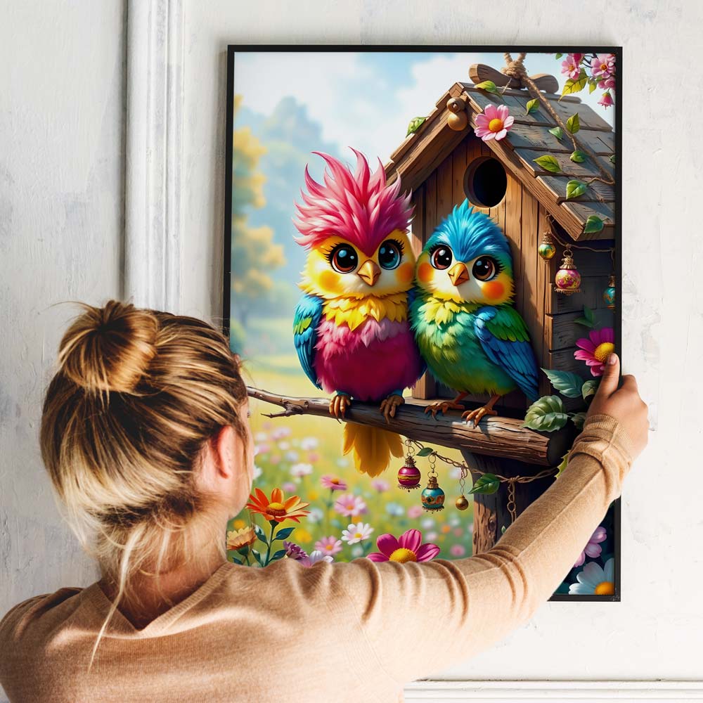 5D Diamond Painting mit AB-Effekt – Farbenfrohe Freunde am Vogelhaus mit 100 Farben, Unique-Diamond