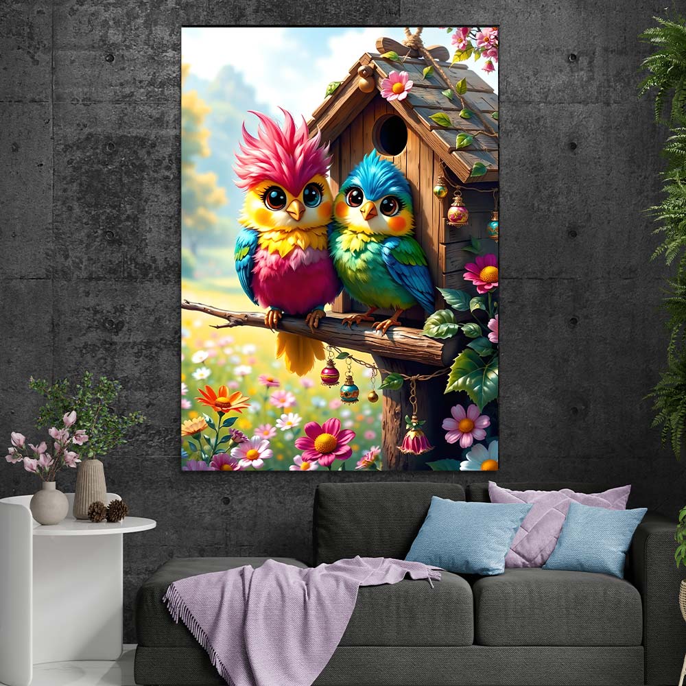 5D Diamond Painting mit AB-Effekt – Farbenfrohe Freunde am Vogelhaus mit 100 Farben, Unique-Diamond