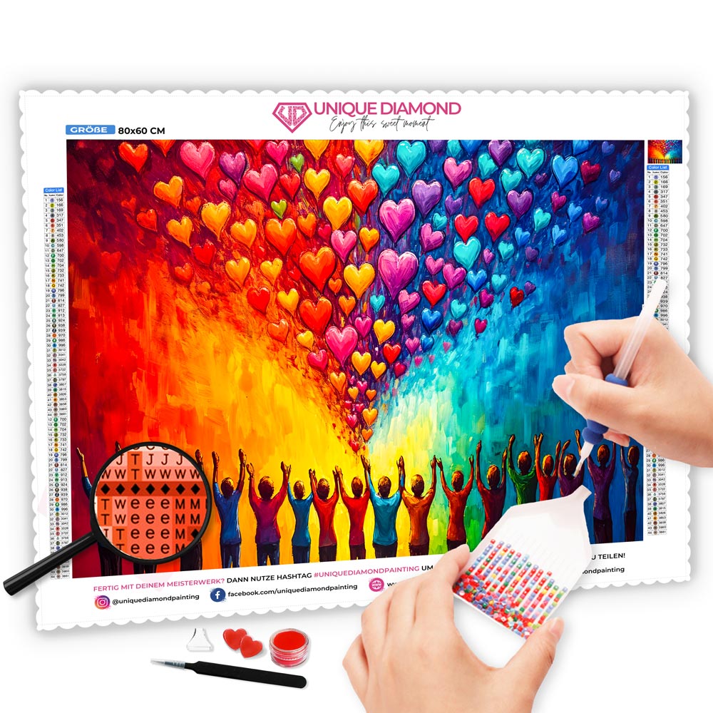 5D Diamond Painting mit AB Effekt – Farbenfrohe Herzen und Menschen mit 100 Farben, Unique-Diamond