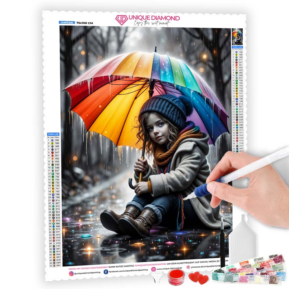 5D Diamond Painting mit AB-Effekt – Farbenzauber im Regen, Unique-Diamond