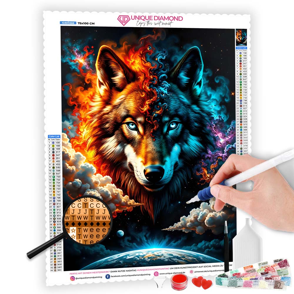 5D Diamond Painting mit AB-Effekt – Feuer und Eis Wolf, Unique-Diamond