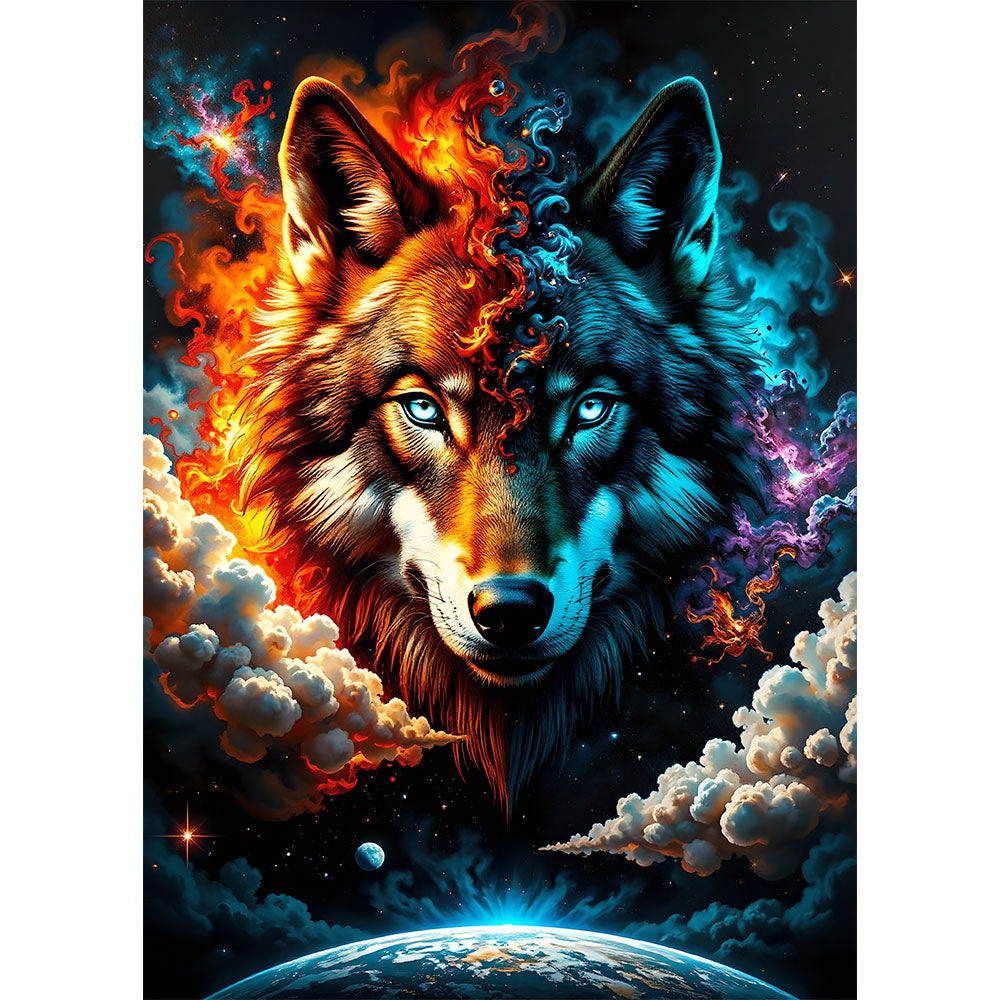 5D Diamond Painting mit AB-Effekt – Feuer und Eis Wolf, Unique-Diamond