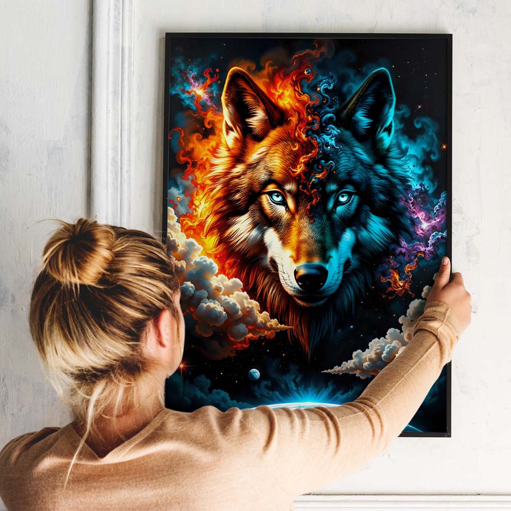 5D Diamond Painting mit AB-Effekt – Feuer und Eis Wolf, Unique-Diamond