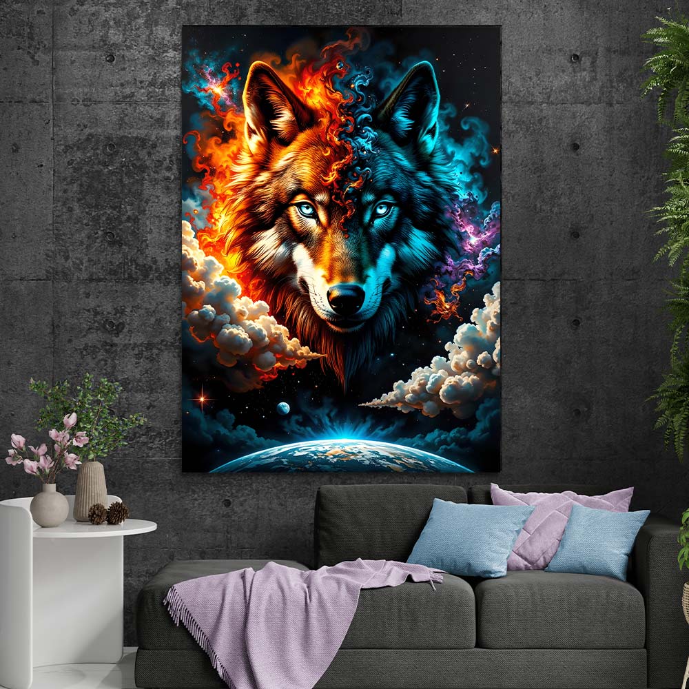 5D Diamond Painting mit AB-Effekt – Feuer und Eis Wolf, Unique-Diamond