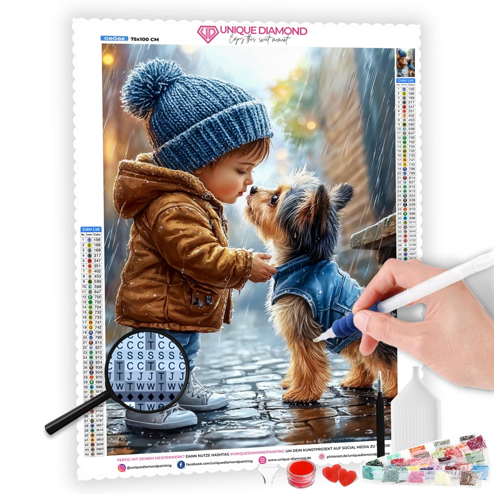 5D Diamond Painting mit AB-Effekt – Freundschaft im Regen, Unique-Diamond