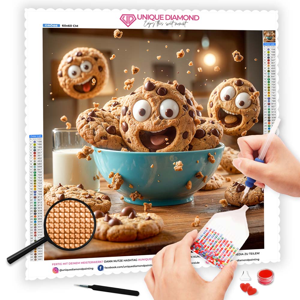 5D Diamond Painting mit AB-Effekt – Fröhliche Cookie-Party mit 100 Farben, Unique-Diamond