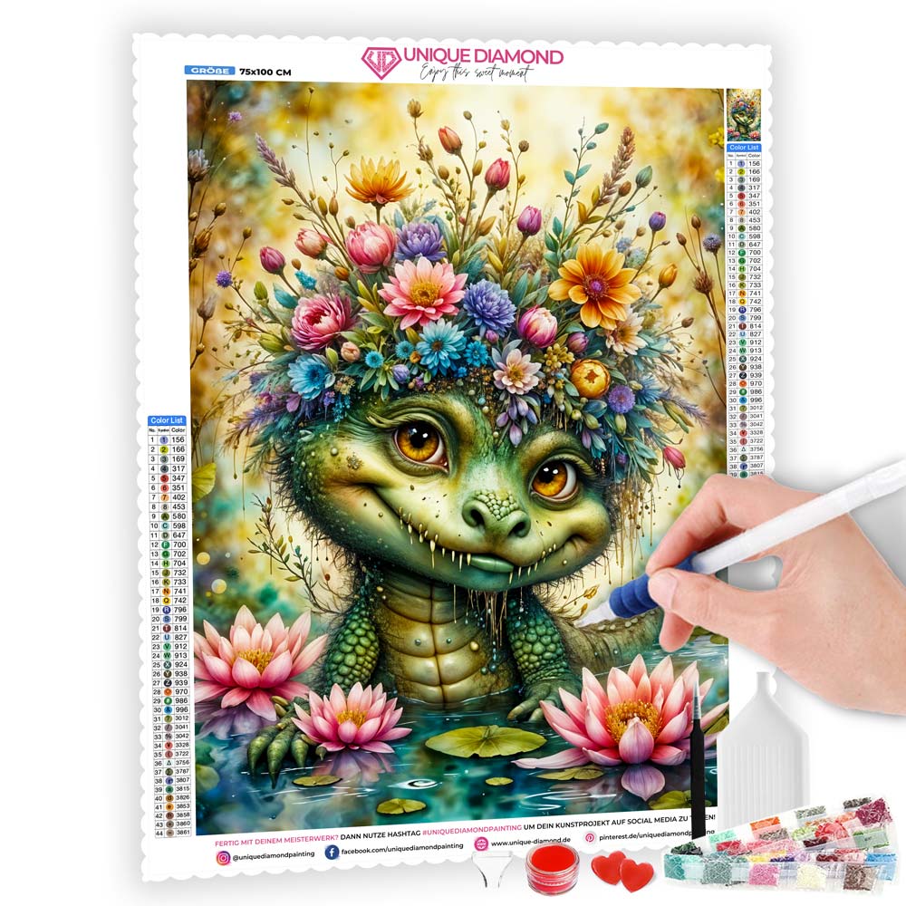 5D Diamond Painting mit AB-Effekt – Fröhliches Blumen-Krokodil, Unique-Diamond