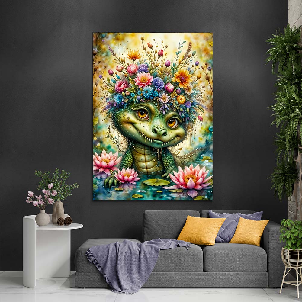 5D Diamond Painting mit AB-Effekt – Fröhliches Blumen-Krokodil, Unique-Diamond