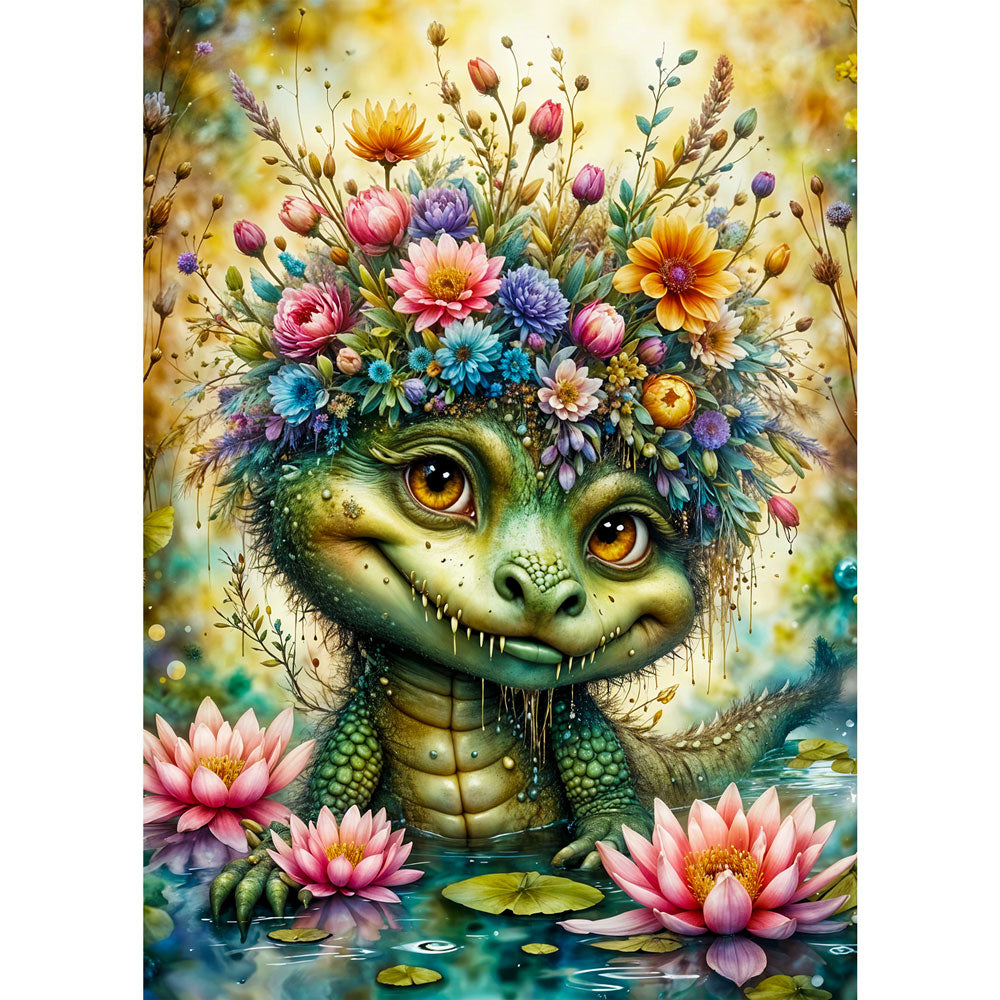 5D Diamond Painting mit AB-Effekt – Fröhliches Blumen-Krokodil, Unique-Diamond